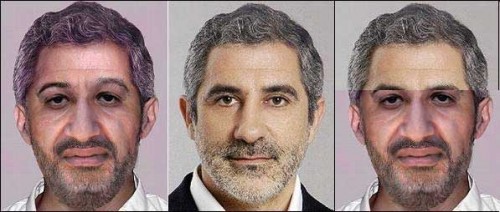 A la izquierda, aspecto actual de Bin Laden segun el FBI, en el centro, Llamazares, a la derecha, la mitad superior de Llamazares y la inferior de la foto del FBI